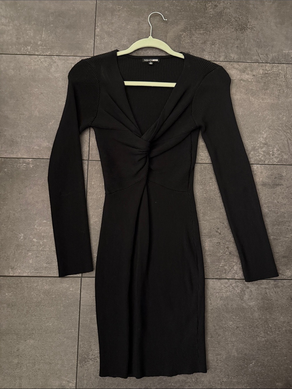 Fashion Nova Black Long Sleeve Twist-Front Ribbed Bodycon Dress